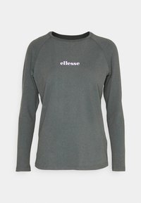 Grå långärmad tröja med raglanärmar, med en rundad halsringning och en ljuslila "ellesse"-logga på bröstet.