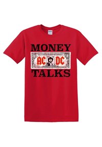 Camiseta roja con un gráfico de un billete de un dólar estadounidense que presenta "AC DC" y el texto "MONEY TALKS" en letras negras en negrita por encima y por debajo.