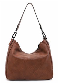 Sac hobo en cuir marron avec texture perforée, fermeture zippée en haut et bandoulière réglable. Présente des accents en métal foncé.