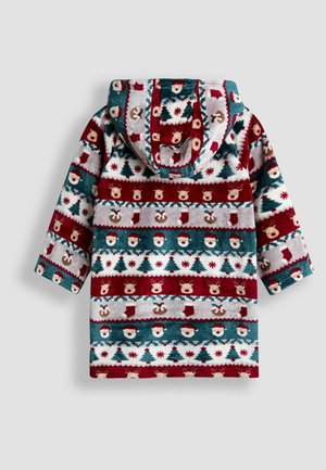 Kapuutsiga fliisristik, millel on pidulik muster, kus on Jõuluvana näod, põdrad ja jõulupuud punases, tealas ja valges värviskeemis.