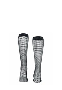 Schwarze Netzstrümpfe bis zum Knie mit geometrischem Muster, glatter Textur und dekorativen Schleifen am oberen Ende. Offenes Design für Atmungsaktivität.