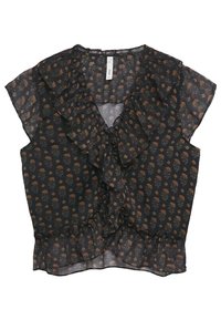 Blouse noire transparente avec un col à volants et des manches courtes. Présente un motif floral aux couleurs chaudes et un ourlet froncé.