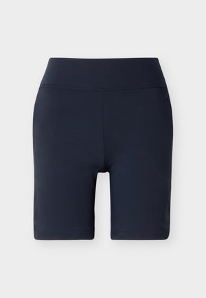 Pantalones cortos de ciclista azul marino de talle alto con un corte ajustado y tela suave, mostrados sobre un fondo blanco liso.
