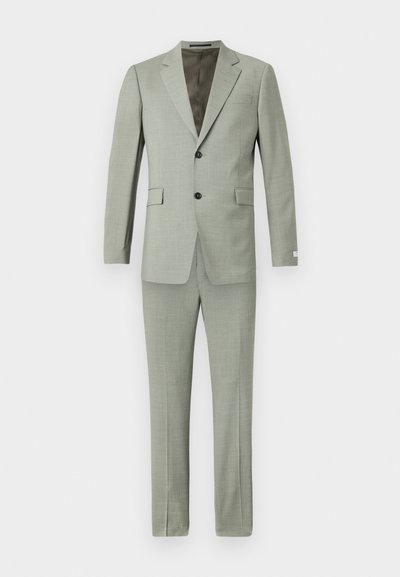 Light green suit made of textured fabric, featuring a two-button closure, notched lapels, side pockets, and slim-fit trousers.