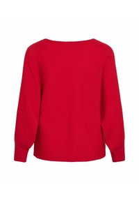 Pull en tricot rouge avec une texture côtelée, un décolleté large et des manches ballons. Le dos est lisse avec une ligne d'ourlet droite.