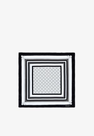 Foulard carré en soie arborant des rayures alternées noires et blanches, des pois et une bordure noire. Comprend un logo discret dans un coin.