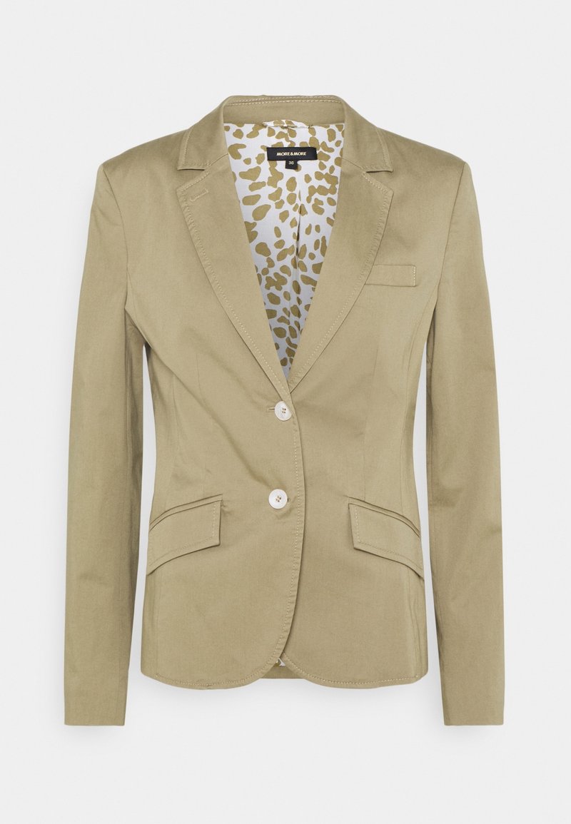 Blazer beige femme avec deux boutons blancs, col cranté, poches à rabat et doublure intérieure imprimé léopard, taille 36 de More & More.