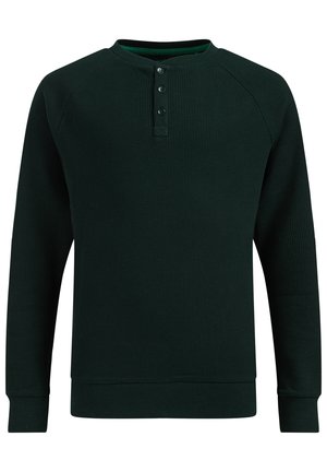 Ciemnozielona koszula henley z długim rękawem o fakturze waflowej, z trzema guzikami przy kołnierzu oraz ściągaczami przy mankietach i u dołu.