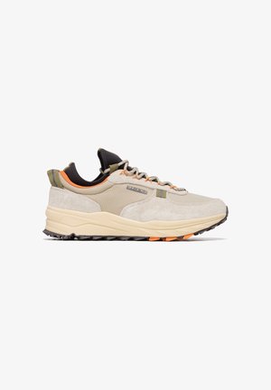 Beige sneakers with a mesh and suede upper, gray rubber sole, orange accents, and black heel. Features a lace-up design and cushioned midsole.