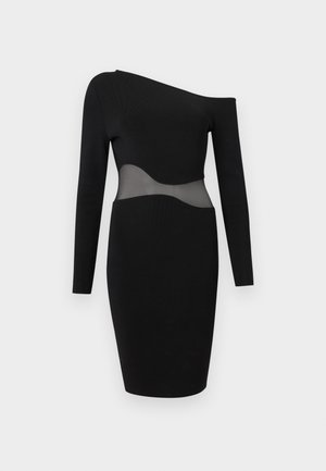 Černé bodycon šaty s jedním ramínkem, dlouhým rukávem a průsvitným síťovaným panelem v pase, délka ke kolenům a přiléhavý střih.