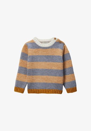 Pull rayé en gris, orange et jaune. Col rond avec un bord blanc. Présente deux boutons à l'épaule et des poignets et un ourlet côtelés. Texture douce.