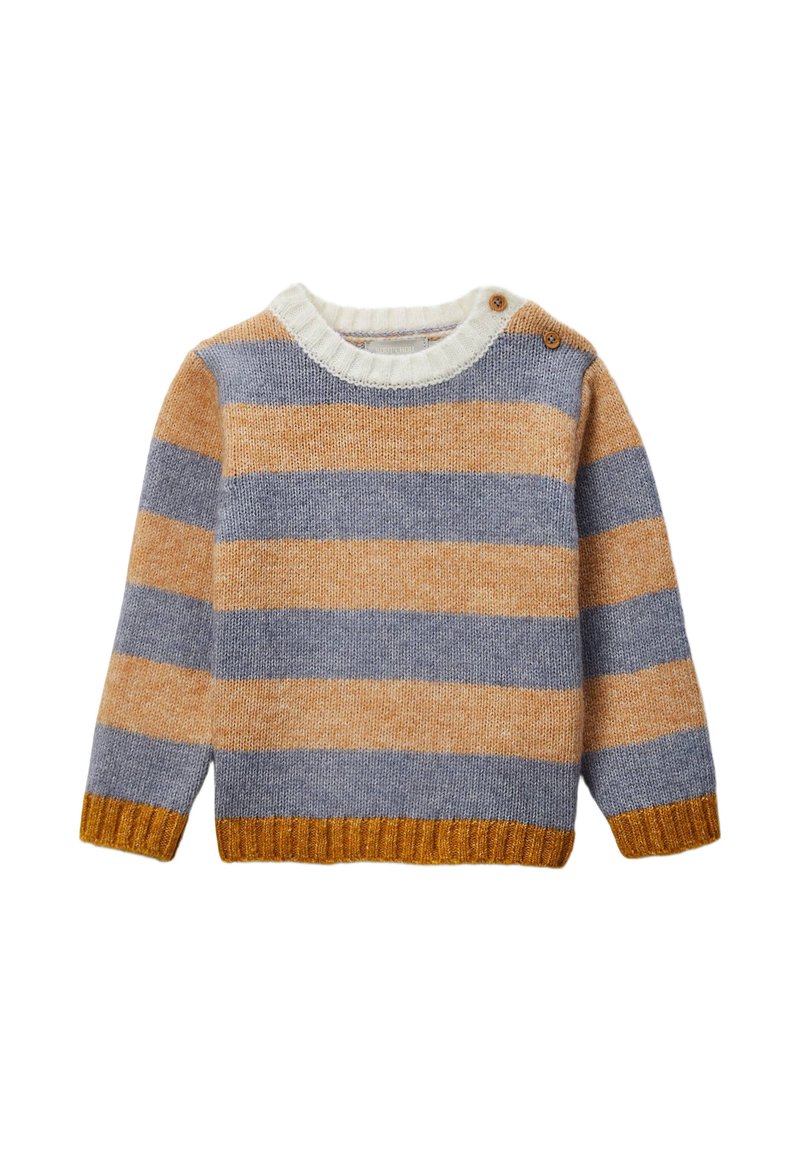 Pull rayé en gris, orange et jaune. Col rond avec un bord blanc. Présente deux boutons à l'épaule et des poignets et un ourlet côtelés. Texture douce.