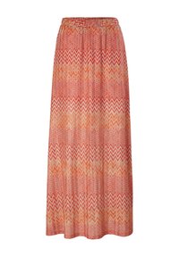 Jupe maxi en tissu léger avec un motif zigzag rouge et orange. Taille élastique ; silhouette ample et fluide. Texture douce.