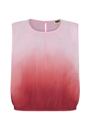 Haut sans manches dégradé de roses à rouges, avec un col rond, des détails froncés et une fermeture à bouton en boucle au dos.
