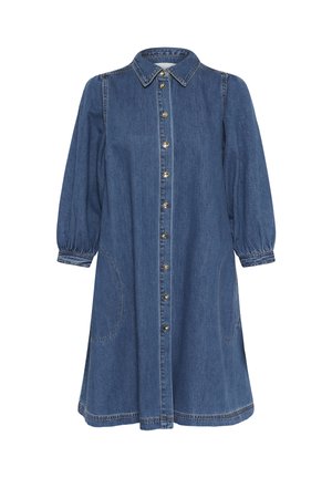Denim dress with a collar, button front, long sleeves with gathered cuffs, and side pockets, featuring contrast stitching and a relaxed fit.