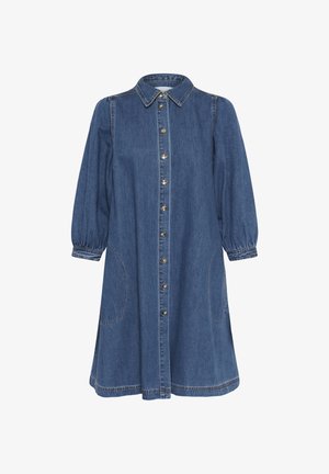 Denim dress with a collar, button front, long sleeves with gathered cuffs, and side pockets, featuring contrast stitching and a relaxed fit.