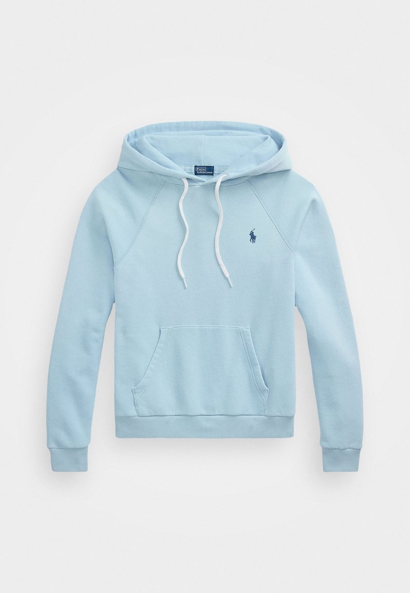 Light blue hoodie with a front kangaroo pocket, white drawstrings, and a small navy logo on the chest. Raglan sleeve design and ribbed hem.