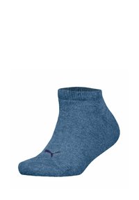 Katoenen enkelsok in donkerblauw met ribbeltextuur. Heeft een paarse logo aan de zijkant en een verstevigde teen voor duurzaamheid.