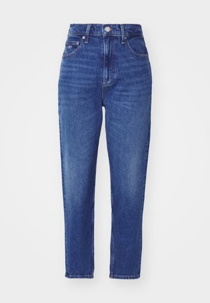 High-waisted blue denim jeans with a straight leg cut, featuring front pockets and a button closure. Fabric has a smooth texture with slight fading.