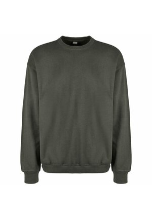 Dunkelgrüner Sweatshirt mit rundem Halsausschnitt, langen Ärmeln und gerippten Bündchen. Aus weichem Material gefertigt, mit glatter Oberfläche.