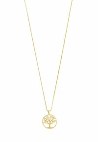 Collana in tono oro con pendente circolare featuring un design ad albero, arricchita da piccole gemme, appesa a una fine catena.