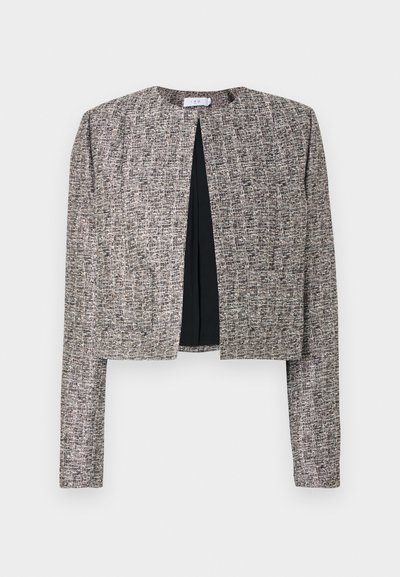 Lühike jakk tekstuurse halli ja musta kangaga. Omadused: pikad varrukad, avatud esiküljel ning minimalistlik disain peene mustriga.