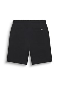 Pantaloni corti neri realizzati in un tessuto morbido, con una vita regolabile tramite coulisse e due tasche posteriori. La forma complessiva è un taglio comodo.