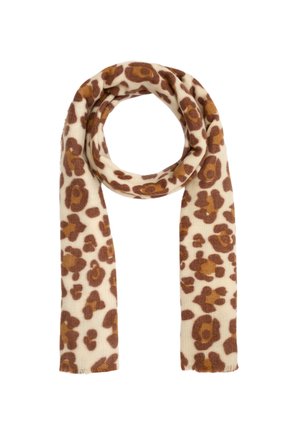 Sciarpa con stampa leopardo in tonalità crema e marrone; materiale morbido e strutturato; forma rettangolare; bordi frangiati. Design leggero e versatile.