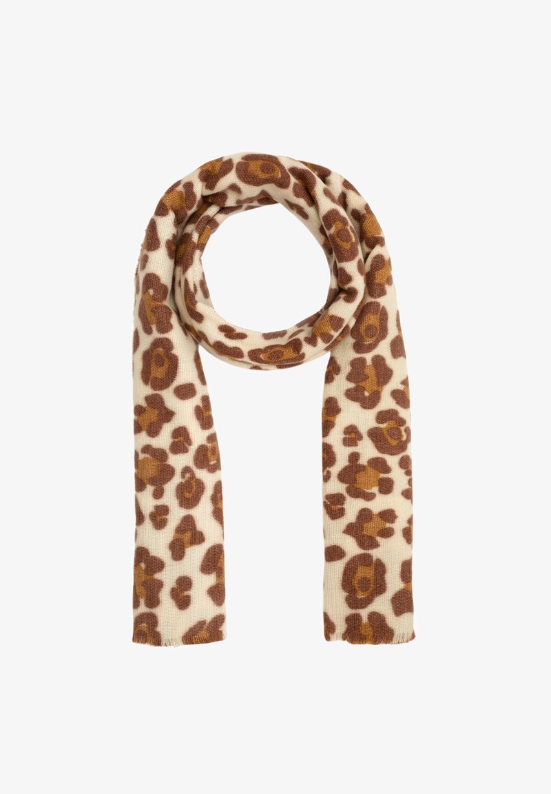 Lædermønster tørklæde i creme og brune nuancer; blødt, tekstureret materiale; rektangulær form; frynser i kanten. Letvægts og alsidigt design.