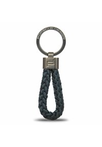 Portachiavi intrecciato blu scuro in pelle, con un anello circolare in metallo su cui è inciso "Porsche Design" e un elegante accento argentato.