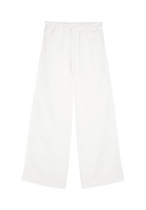Białe, szerokie spodnie z elastycznym pasem na sznurku. Wykonane z miękkiego materiału, o gładkiej fakturze i czystym wykończeniu. Brak widocznych kieszeni i wzorów.