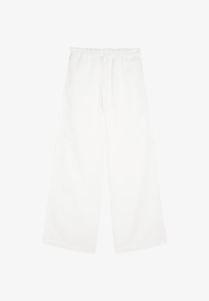 Białe, szerokie spodnie z elastycznym pasem na sznurku. Wykonane z miękkiego materiału, o gładkiej fakturze i czystym wykończeniu. Brak widocznych kieszeni i wzorów.