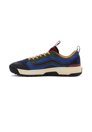 Zapatilla colorida con parte superior de ante azul y verde, suela de goma negra, mediado color crema y acentos contrastantes en rojo y verde. Presenta cordones redondos.