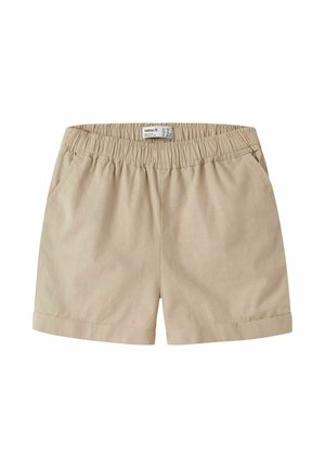 Beige Baumwollshorts mit elastischem Bund, Seitentaschen und umgeschlagenem Saum, geeignet für die Freizeit.