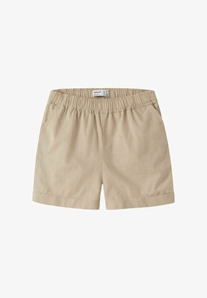 Beige Baumwollshorts mit elastischem Bund, Seitentaschen und umgeschlagenem Saum, geeignet für die Freizeit.