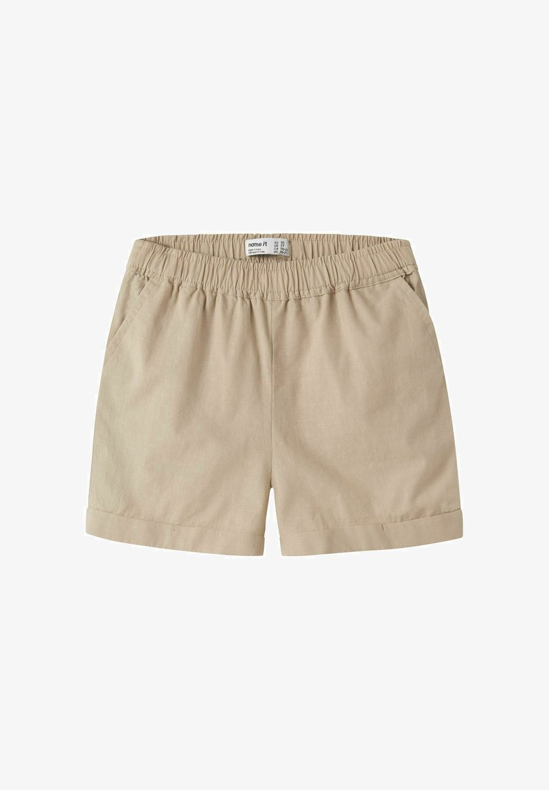 Shorts en coton beige avec ceinture élastique, poches latérales et ourlet retroussé, adaptés pour une tenue décontractée.