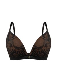 Czarny koronkowy stanik w kształcie trójkąta, zdobiony kwiatowymi wzorami, z regulowanymi ramiączkami i małym metalowym zapięciem z przodu.