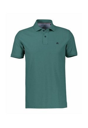 Green short-sleeve polo shirt with two-button placket and small dark logo on the left chest.