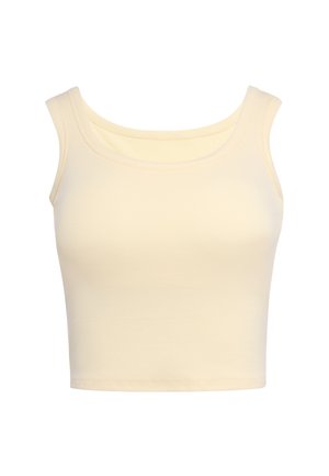 Top corto senza maniche color crema con spalline larghe e scollo arrotondato su sfondo bianco.