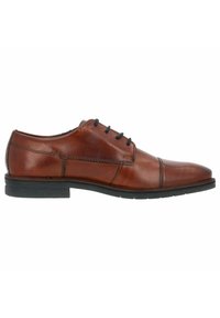 Scarpa elegante in pelle marrone con finitura liscia, punta rotonda e cuciture minime. Presenta lacci neri e una suola in gomma nera.