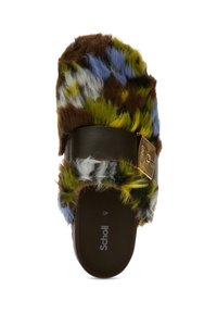 Sandalia tipo slide con parte superior de piel sintética de colores en marrón, verde, azul y blanco, con una correa marrón oscura y hebilla dorada, tamaño 40.