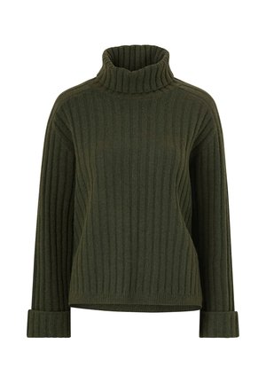 Green ribbed turtleneck sweater with long sleeves, featuring a high collar and wide cuffs, made from a textured knit fabric.