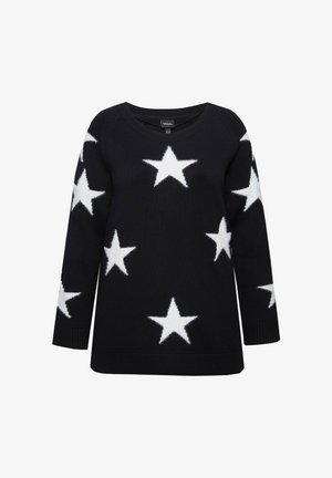 Czarny dzianinowy sweter z dużymi białymi wzorami w gwiazdy. Okrągły dekolt i długie rękawy z prążkowanymi mankietami i dołem. Miękka textura.