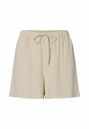 Shorts décontractés beige avec une taille élastique et un cordon de serrage à l'avant, fabriqués en tissu léger texturé.