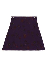 Gonna viola con un motivo floreale nei toni del rosso e del verde, dalla texture liscia e con due bottoni a pressione argentati in vita.