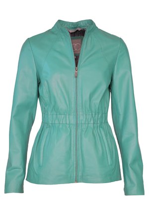 Tealfarbene Lederjacke mit schmalem Schnitt, Reißverschluss, Stehkragen und raffinierter Taille. Sie verfügt über seitliche Taschen und eine glatte Textur.