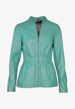 Tealfarbene Lederjacke mit schmalem Schnitt, Reißverschluss, Stehkragen und raffinierter Taille. Sie verfügt über seitliche Taschen und eine glatte Textur.