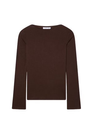 Top lungo marrone a maniche lunghe con una vestibilità rilassata, scollatura rotonda e texture in cotone morbido. Design classico, adatto per un abbigliamento casual.