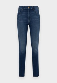 Dark blue denim jeans with a slim fit, featuring five pockets, a front button closure, and subtle fading along the legs.