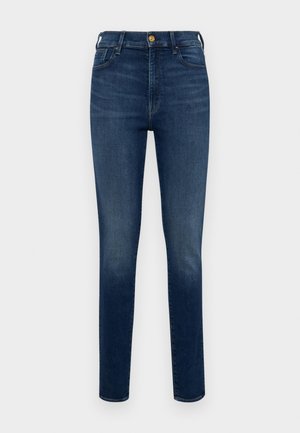 Jeans din denim albastru închis cu o croială slim, având cinci buzunare, închidere cu buton în față și o ușoară decolorare pe picioare.